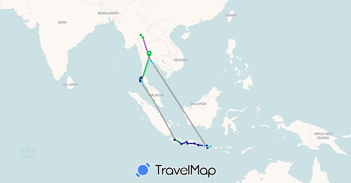 TravelMap itinerary: driving, bus, plane, train, boat, motorbike in Indonesia, Malaysia, Thailand (Asia)